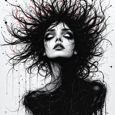 The primary subject of the image is a woman with dark hair and a black dress. She is looking upward, possibly with a surprised expression. The setting is a white background, which provides a clean and minimalist look to the image. The visual style is a black and white drawing, giving the image a classic and timeless feel. The colors and mood of the image are predominantly dark, with the woman's hair and dress being the main source of contrast.